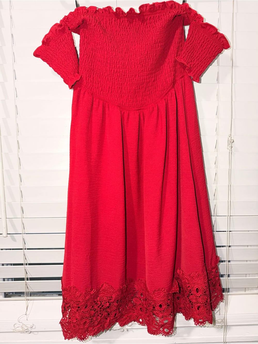 SHEIN Red Off-Shoulder Smocked Bodice Dress with Lace Hem